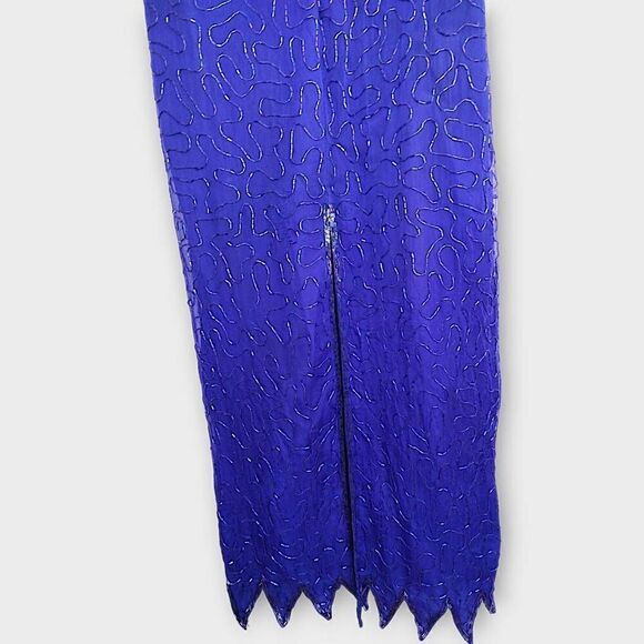 VTG Denise Elle Formal Gown‎ Sz Medium Blue Silk Beaded 80s Maxi Mermaid Glam - Picture 4 of 16